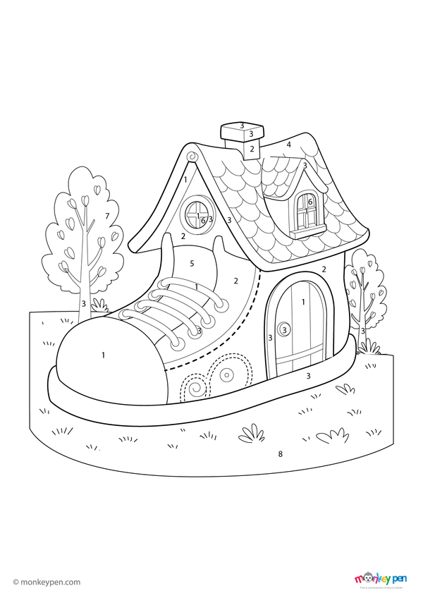 A whimsical shoe house with windows, flowers, and a tiny door featured in a free downloadable PDF color-by-number activity for children.