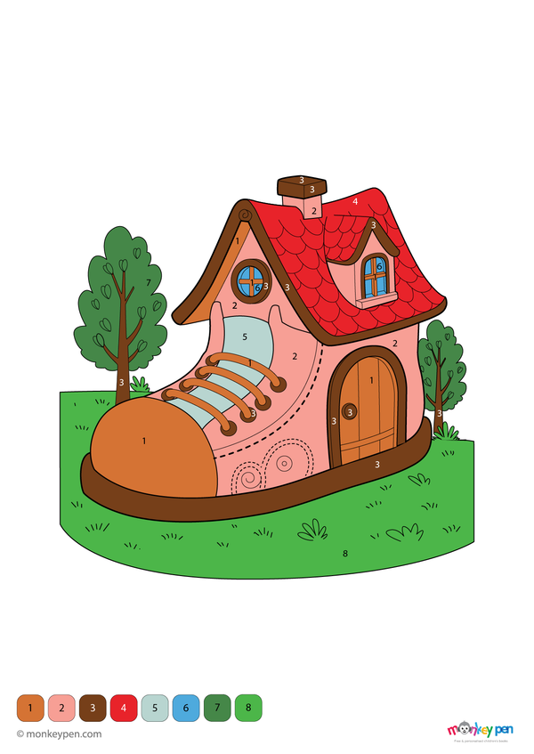 A whimsical shoe house with windows, flowers, and a tiny door featured in a free downloadable PDF color-by-number activity for children.