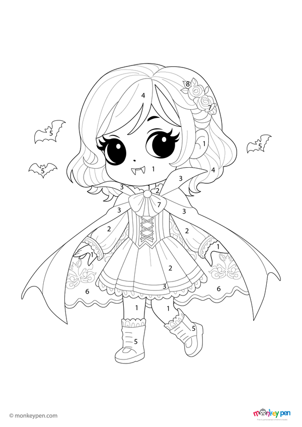 A friendly girl vampire in a flowing cape featured in a Halloween-themed color-by-number worksheet, available as a fun and free downloadable PDF for children.