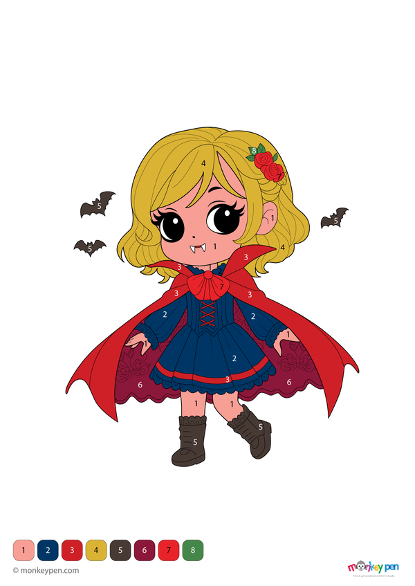 A friendly girl vampire in a flowing cape featured in a Halloween-themed color-by-number worksheet, available as a fun and free downloadable PDF for children.
