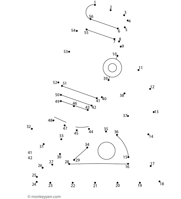 Children's dot-to-dot worksheet of a cartoon microscope to connect and color.