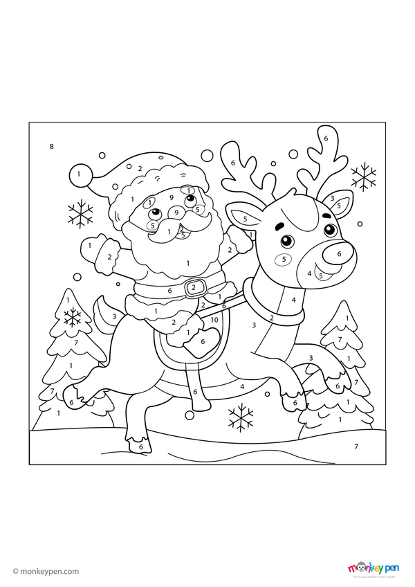 A festive color-by-number PDF featuring Santa riding a reindeer through a snowy sky, available as a free holiday-themed download for children to color and enjoy.