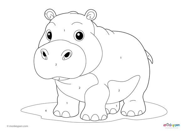 A happy hippo standing in water with lily pads in a nature-themed color-by-number worksheet, available as a free downloadable PDF for kids to print and enjoy.