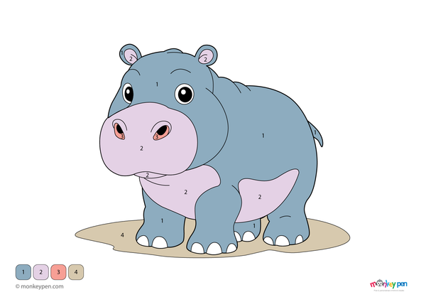 A happy hippo standing in water with lily pads in a nature-themed color-by-number worksheet, available as a free downloadable PDF for kids to print and enjoy.