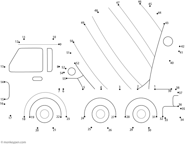 Children's dot-to-dot worksheet of a cartoon mixer truck for connecting and coloring.