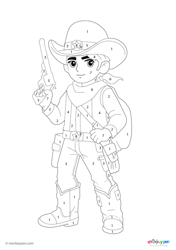 A friendly cowboy with a wide hat and boots in a fun western-themed color-by-number activity, offered as a free downloadable PDF coloring page for preschool learners.