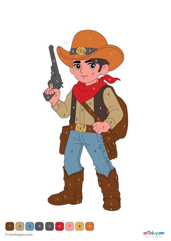 A friendly cowboy with a wide hat and boots in a fun western-themed color-by-number activity, offered as a free downloadable PDF coloring page for preschool learners.