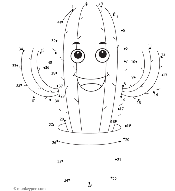 Children's dot-to-dot worksheet of a cartoon cactus to connect and color.