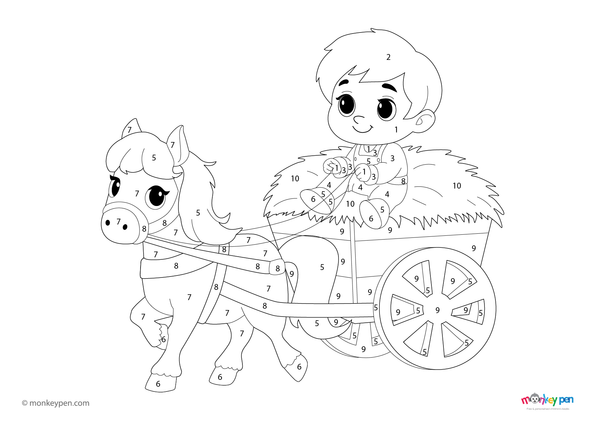 A horse-drawn hay cart set in a peaceful countryside, featured in a downloadable color-by-number PDF coloring page designed for toddlers to enjoy while learning numbers.