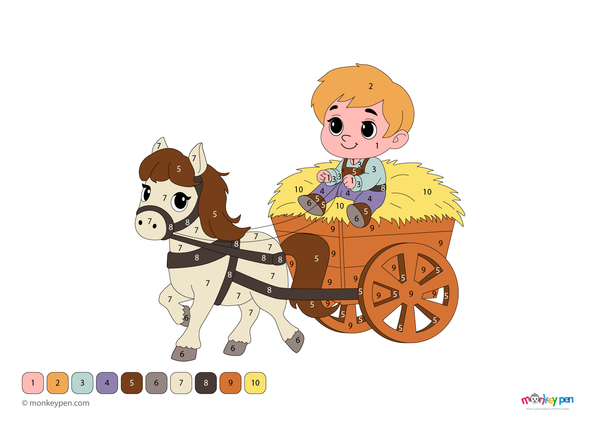 A horse-drawn hay cart set in a peaceful countryside, featured in a downloadable color-by-number PDF coloring page designed for toddlers to enjoy while learning numbers.