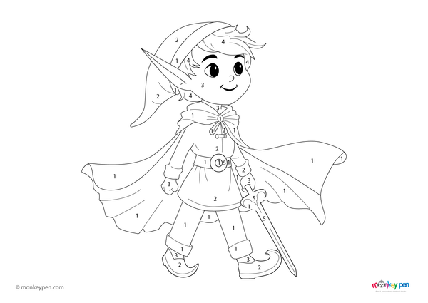 Festive elves with pointy hats in a winter scene featured in a free holiday-themed color-by-number PDF download for children.