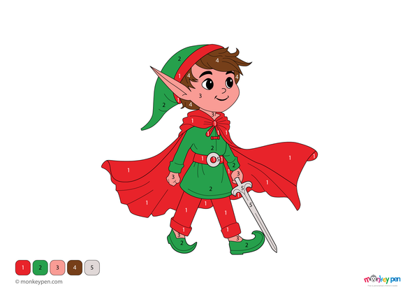 Festive elves with pointy hats in a winter scene featured in a free holiday-themed color-by-number PDF download for children.