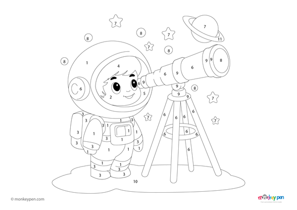 A child using a microscope in a science lab scene, featured in a fun, educational color-by-number PDF available for free download.