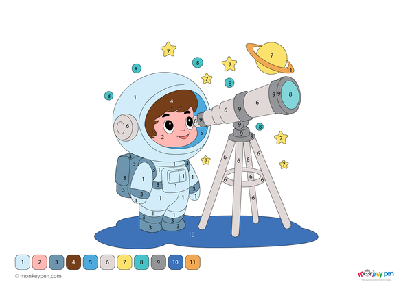 A child using a microscope in a science lab scene, featured in a fun, educational color-by-number PDF available for free download.