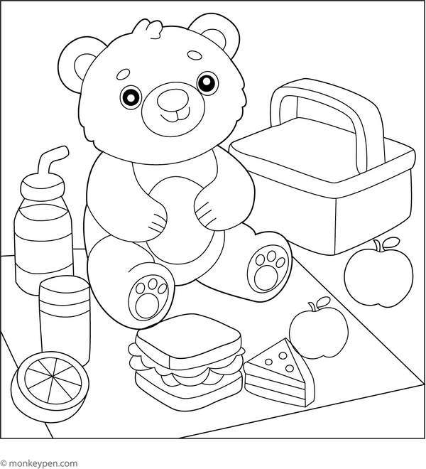 Bear on Picnic Coloring Page