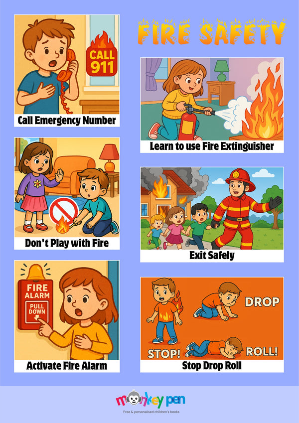 Fire safety poster showing children learning through visuals: call 911, use extinguishers, avoid fire, exit safely, activate alarms, and stop, drop, and roll.