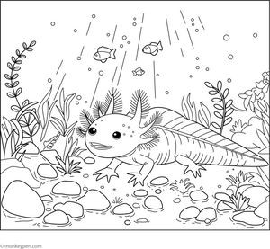 Axolotl in Garden Coloring Page – fun and educational printable for children
