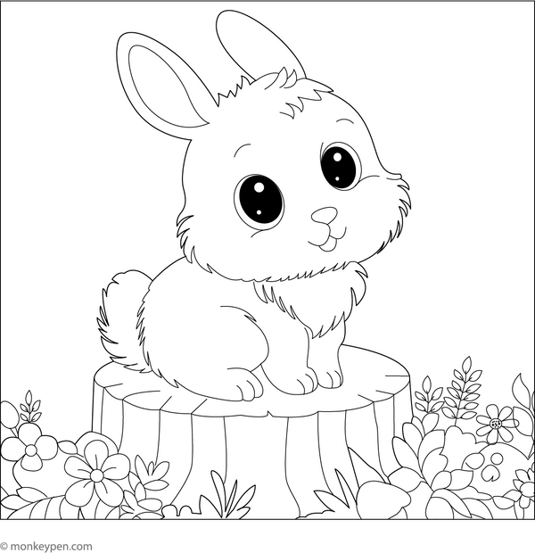 Cute Bunny Sitting on a Tree Stump Coloring Page – fun and educational printable for children