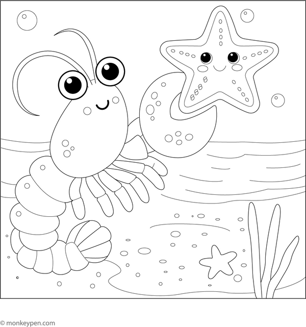 Lobster Playing with a Starfish Coloring Page – fun and educational printable for children