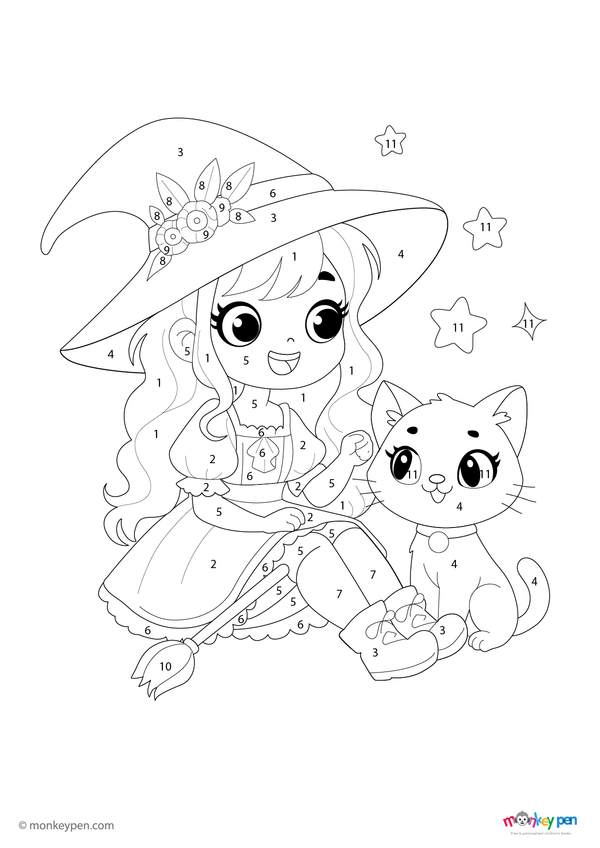 A friendly young witch in a pointed hat with a broomstick, featured in a festive Halloween-themed color-by-number activity available as a free downloadable PDF for children.