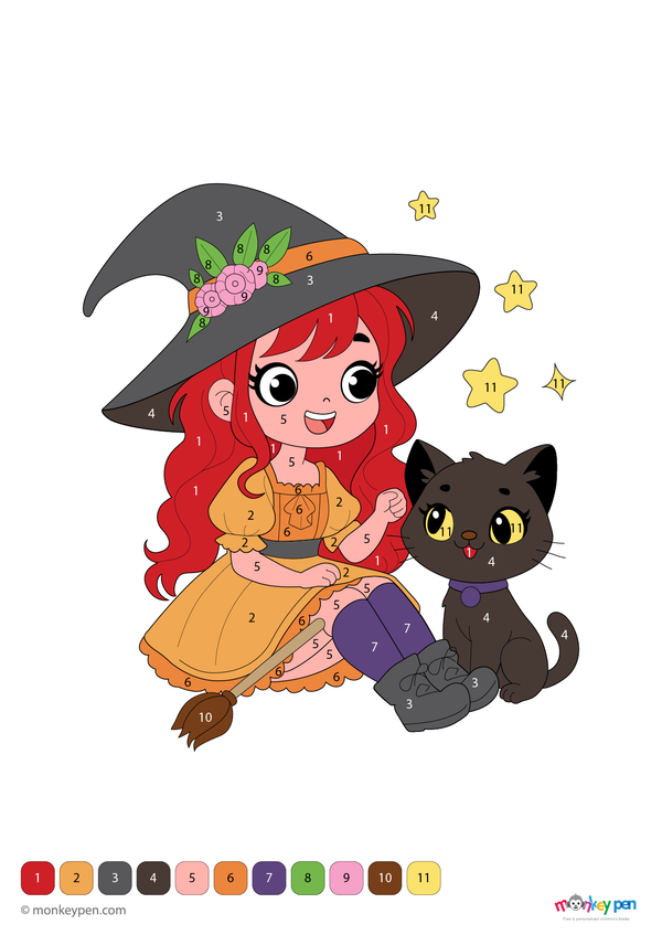 A friendly young witch in a pointed hat with a broomstick, featured in a festive Halloween-themed color-by-number activity available as a free downloadable PDF for children.