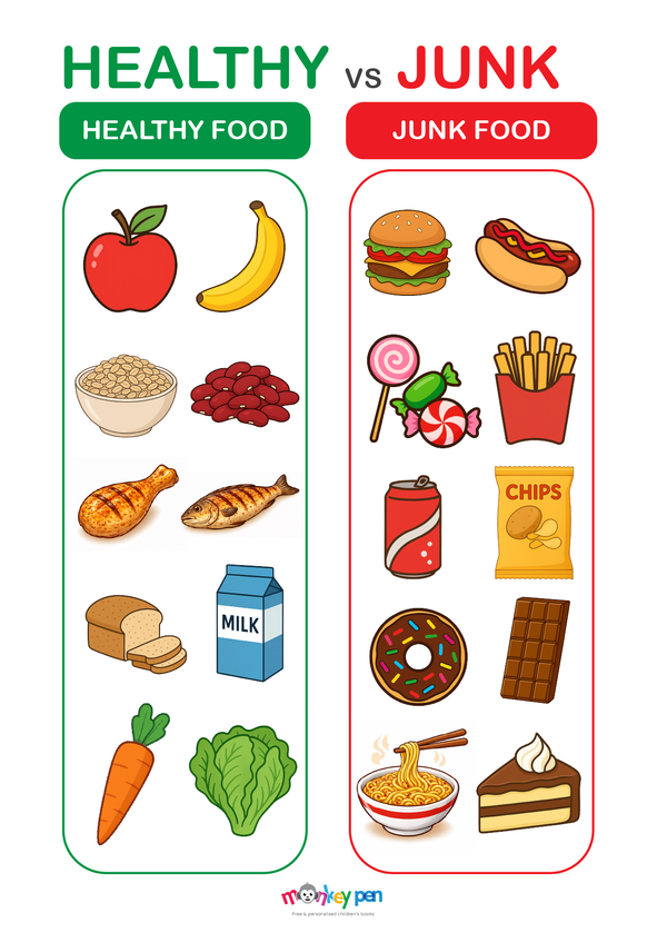 A colourful Healthy vs Unhealthy Foods Poster showing fruits and vegetables on one side and sugary snacks and fast food on the other, teaching kids the difference between healthy and unhealthy options.