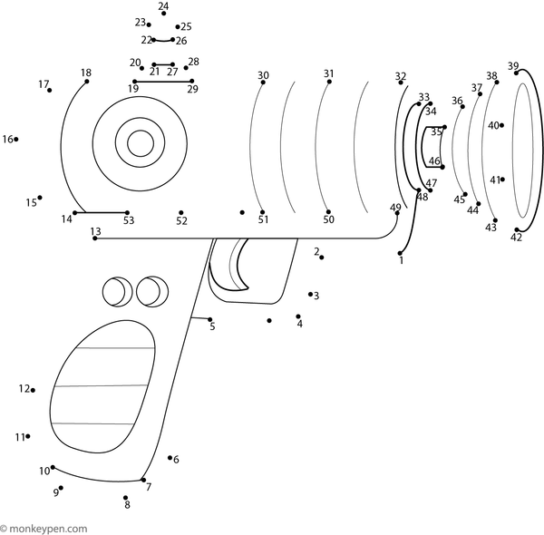 Children's dot-to-dot worksheet of a cartoon ray gun to connect and color.