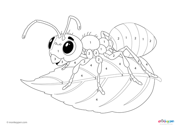 A tiny leafcutter ant carrying a leaf on a forest floor, featured in a nature-themed color-by-number worksheet available as a fun and free downloadable PDF for toddlers.