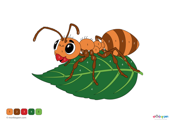 A tiny leafcutter ant carrying a leaf on a forest floor, featured in a nature-themed color-by-number worksheet available as a fun and free downloadable PDF for toddlers.