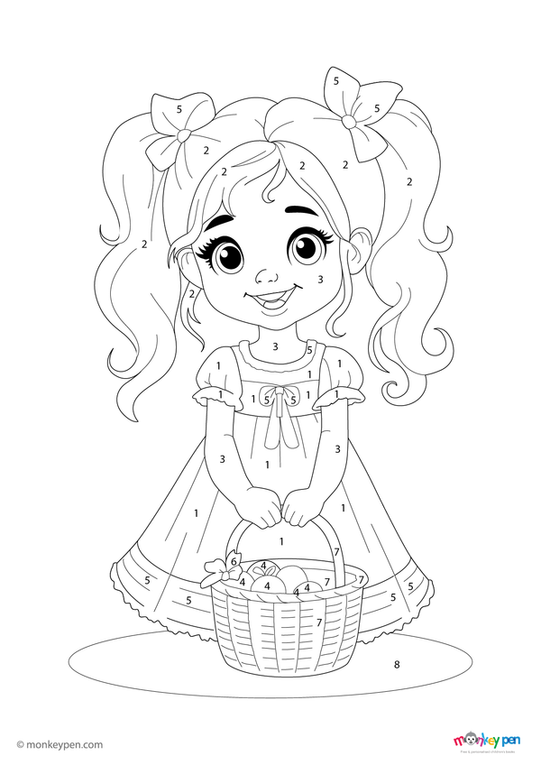 A smiling girl in a playful pose, featured in a color-by-number printable available as a free downloadable PDF for children to enjoy and color.