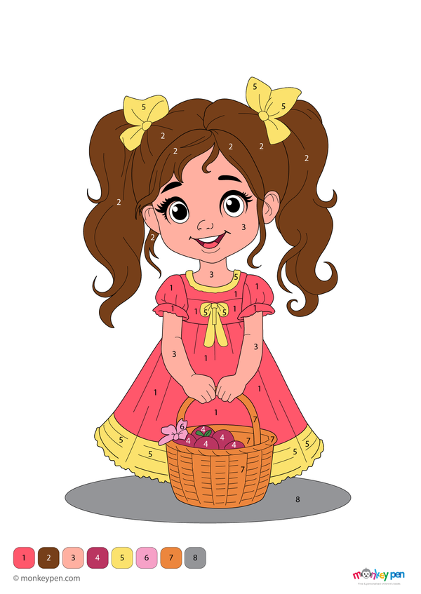 A smiling girl in a playful pose, featured in a color-by-number printable available as a free downloadable PDF for children to enjoy and color.