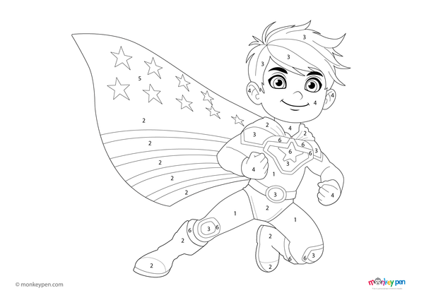 A courageous superhero striking a powerful pose in this free downloadable PDF color-by-number worksheet, perfect for kids to print and color.