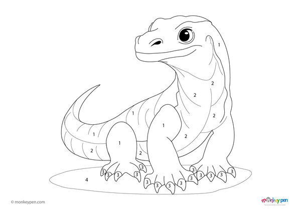 Free downloadable PDF color-by-number worksheet featuring a Komodo dragon with detailed scales and a natural habitat, great for kids to print and enjoy.