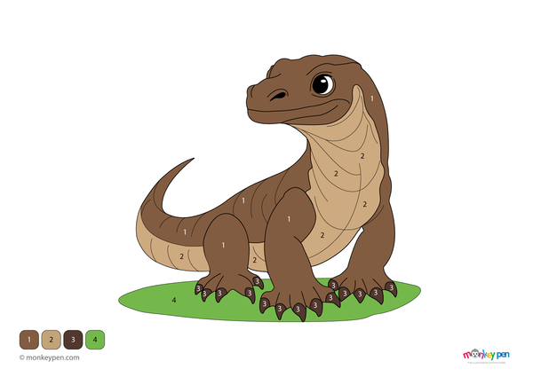Free downloadable PDF color-by-number worksheet featuring a Komodo dragon with detailed scales and a natural habitat, great for kids to print and enjoy.