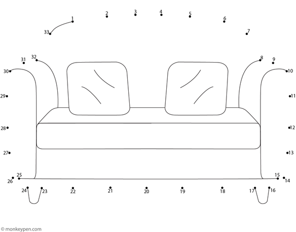 Worksheet of a cartoon sofa for children to connect dots and color.