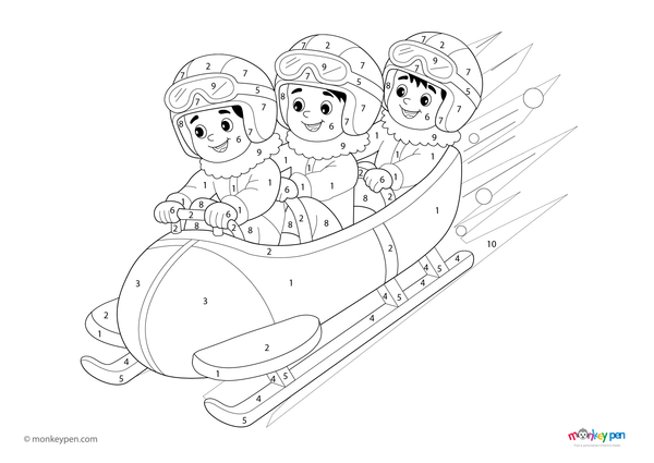 Action-packed bobsleigh color-by-number PDF for kids; free to download and print for winter-themed coloring fun.