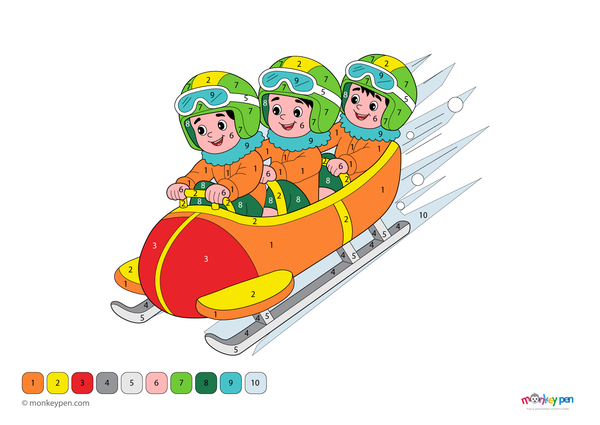 Action-packed bobsleigh color-by-number PDF for kids; free to download and print for winter-themed coloring fun.