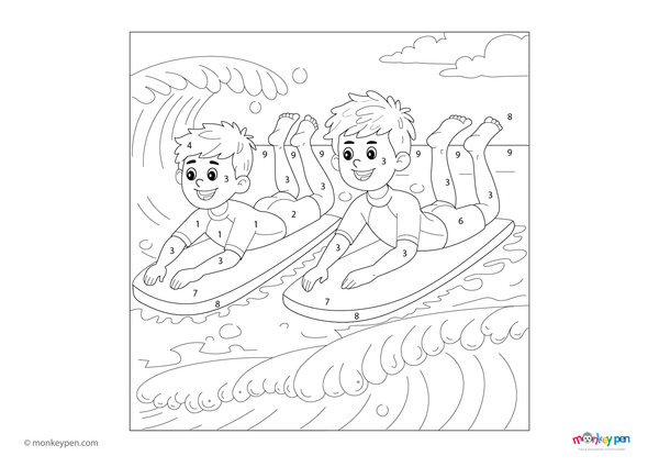 Exciting bodyboarding color by number PDF for kids, free to download—features ocean waves and a rider, helping young learners explore water sports through creative coloring.