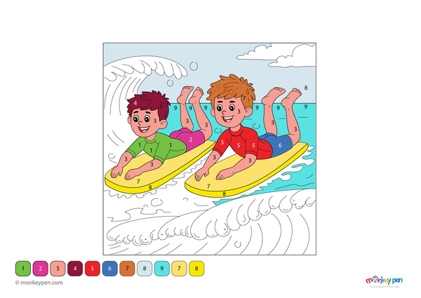 Exciting bodyboarding color by number PDF for kids, free to download—features ocean waves and a rider, helping young learners explore water sports through creative coloring.