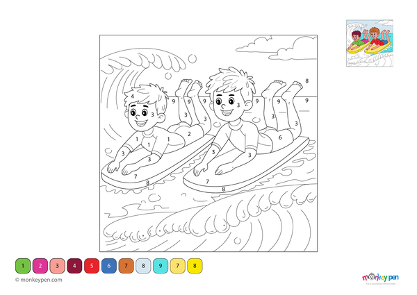 Exciting bodyboarding color by number PDF for kids, free to download—features ocean waves and a rider, helping young learners explore water sports through creative coloring.