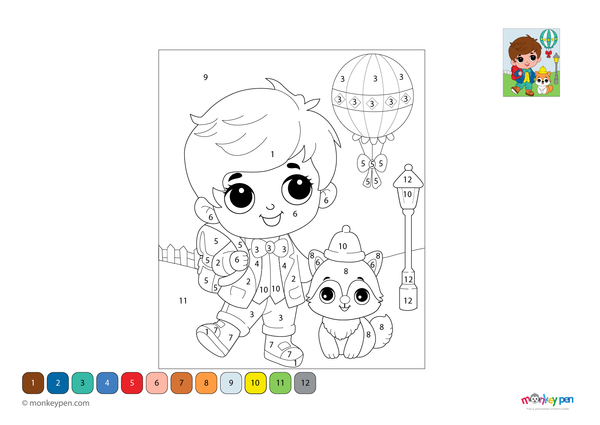 Cheerful boy color by number PDF for kids, free to download—includes numbered sections for coloring his clothes, hair, and background, making learning fun and creative.