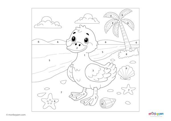 Cute duck at the beach color by number PDF for kids, free to download—features ocean waves, sandy scenery, and a beach-loving duck for a fun and educational coloring activity.