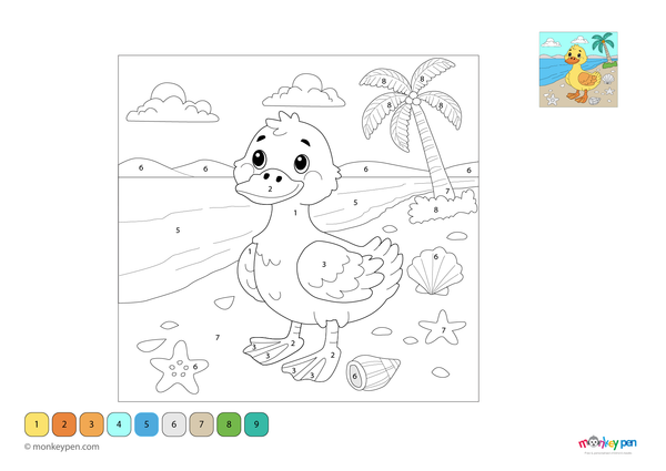 Cute duck at the beach color by number PDF for kids, free to download—features ocean waves, sandy scenery, and a beach-loving duck for a fun and educational coloring activity.