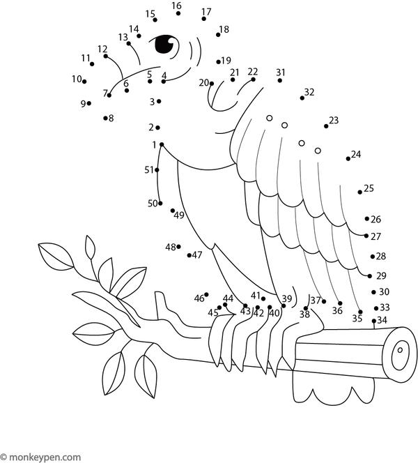 Worksheet of a cartoon vulture with wings for children to connect dots and color.