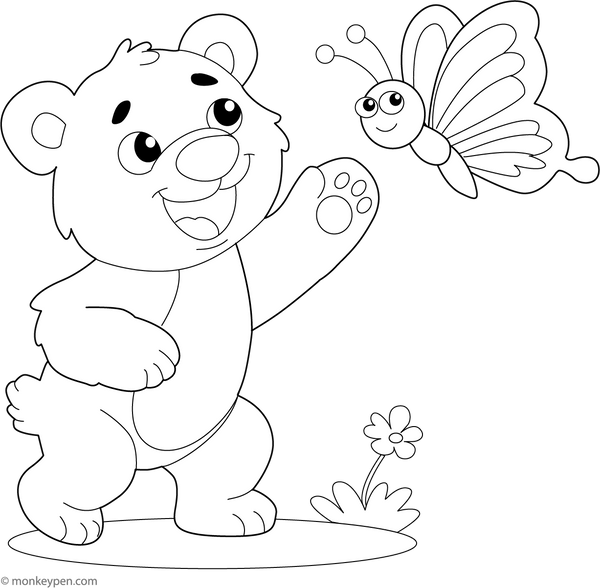 Bear Playing with Butterfly Coloring Page
