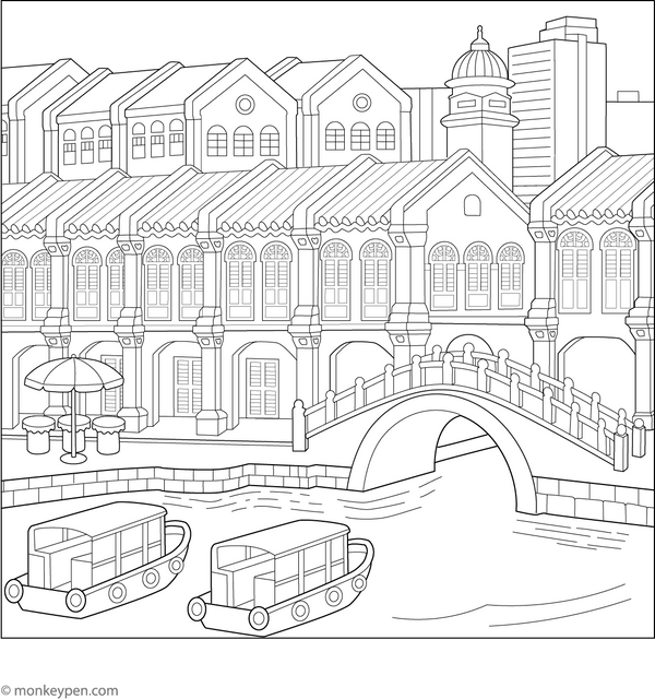 Clarke Quay Coloring Page | Free Coloring Pages