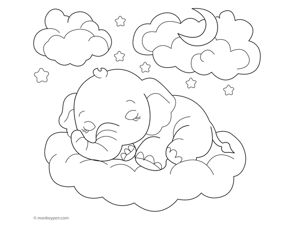 Elephant Sleeping on the Cloud Coloring Page