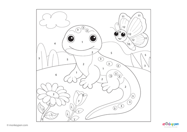 Lizard in a colorful garden color by number PDF for kids, free to download—includes numbered sections for the lizard and plants, combining nature learning with creative fun.