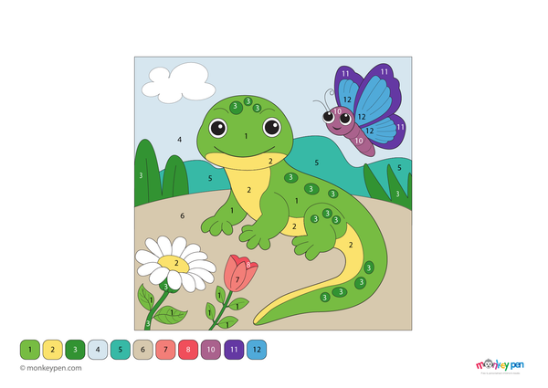 Lizard in a colorful garden color by number PDF for kids, free to download—includes numbered sections for the lizard and plants, combining nature learning with creative fun.