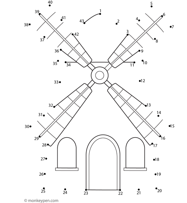 Worksheet of a cartoon windmill with blades for children to connect dots and color.